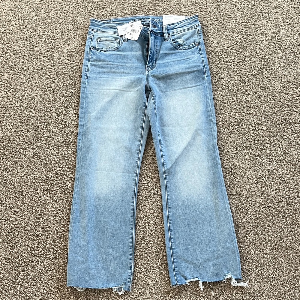 NWT American Eagle Outfitters Light Blue high rise kick boot crop size 6